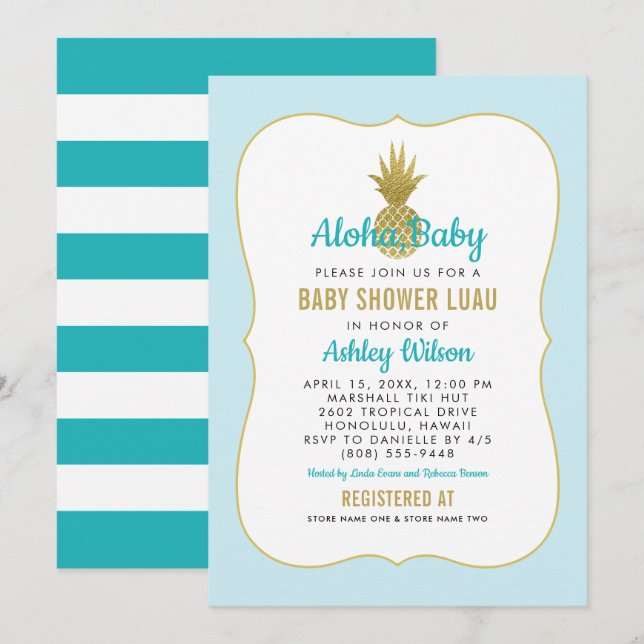 Aloha Baby Teal Gold Pineapple Boy Luau Shower Invitation (Front/Back)