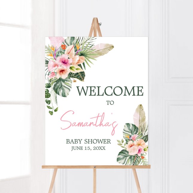 Aloha Baby Tropical Baby Shower Welcome  Poster (Luau Hawaiian Girl Baby Shower Welcome Sign)