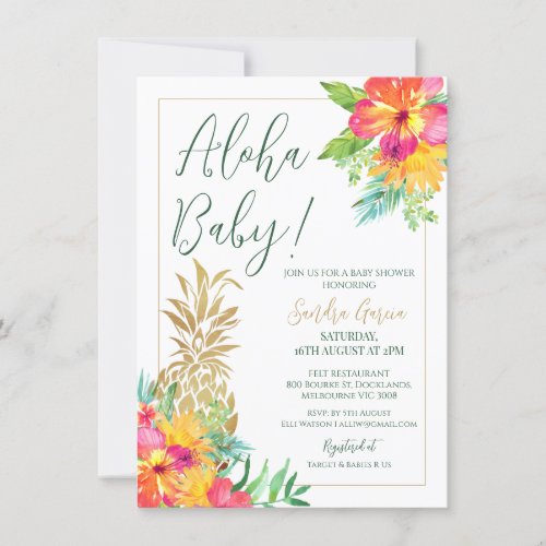 Aloha Baby Tropical Floral Pineapple Shower Invitation