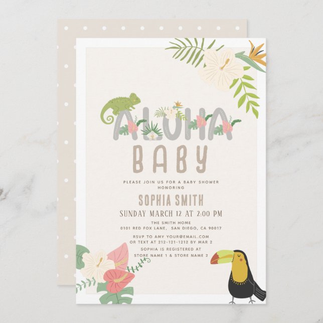 Aloha Baby Tropical Floral Toucan Baby Shower Invitation (Front/Back)