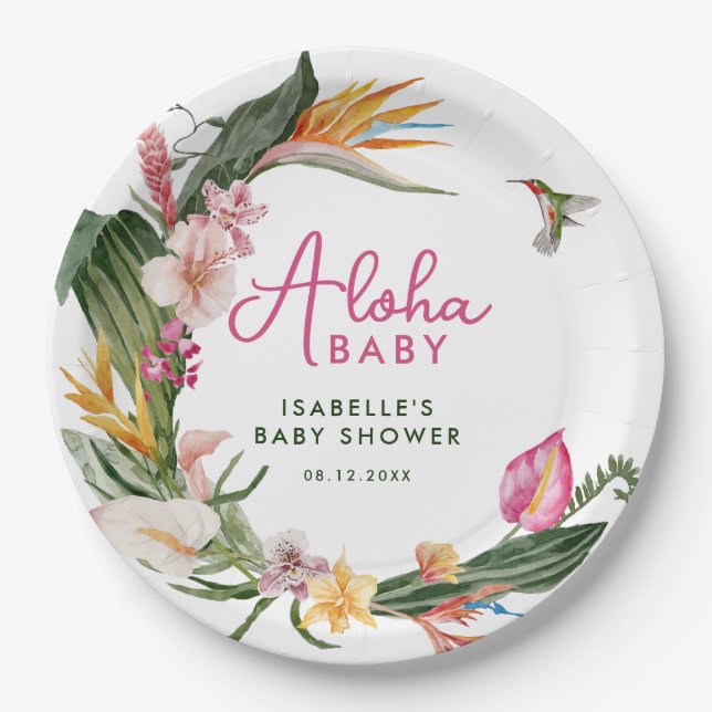 Aloha Baby Tropical Floral Wreath Baby Shower Paper Plates (Front)
