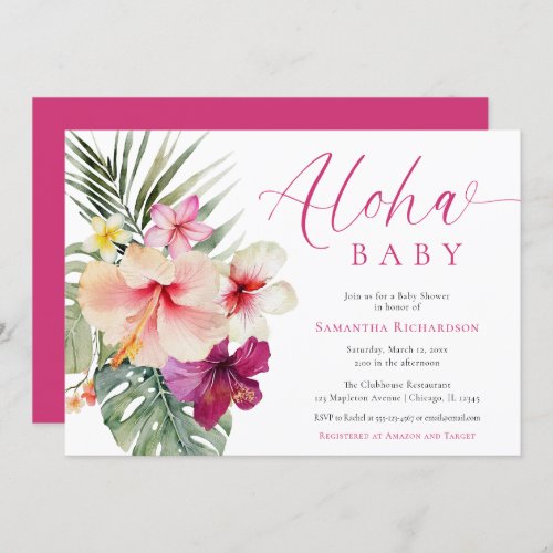 Aloha baby tropical flowers girl baby shower invitation