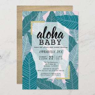 "Aloha Baby" Tropical Leaves Pink Baby Shower Invitation