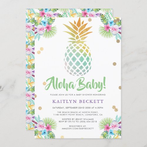 Aloha Baby Watercolor Pineapple Baby Shower Invitation