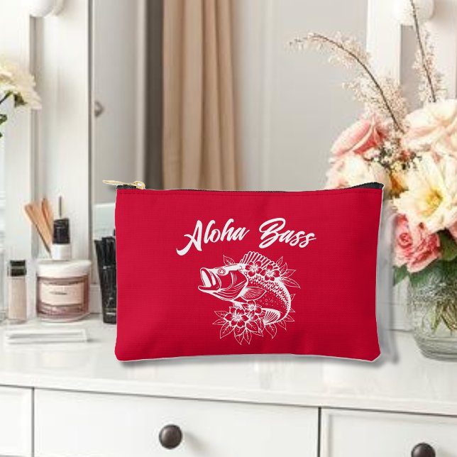 Aloha Bass-Hawaiian Cherry Red Accessory Pouch (Aloha Bass Bass Fish Hawaiian Tropical Flowers Fisherman Trend cosmetic Bag cherry red)