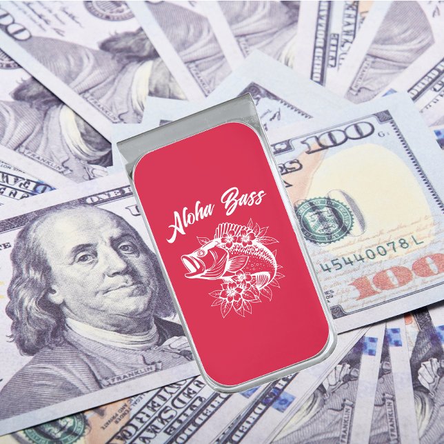 Aloha Bass- Hawaiian Cherry Red Silver Finish Money Clip (Aloha Bass Bass Fish Hawaiian Tropical Flowers Fisherman Trend Money Clip Cherry Red)