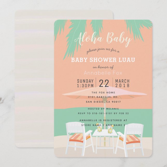 Aloha Beach Coral Pink Baby Shower Invitation (Front/Back)