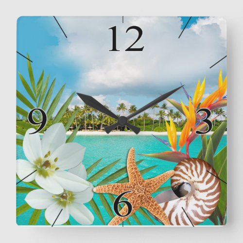 Aloha Beach Plumeria Frangipani Nautilus Square Wall Clock