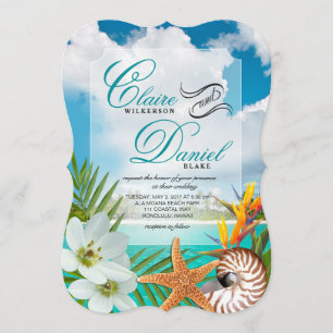 Aloha Beach Wedding Plumeria Frangipani Nautilus Invitation