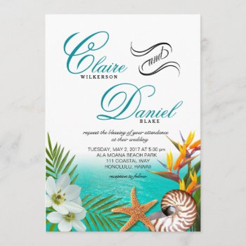 Aloha Beach Wedding Plumeria Frangipani Nautilus Invitation by glamprettyweddings at Zazzle
