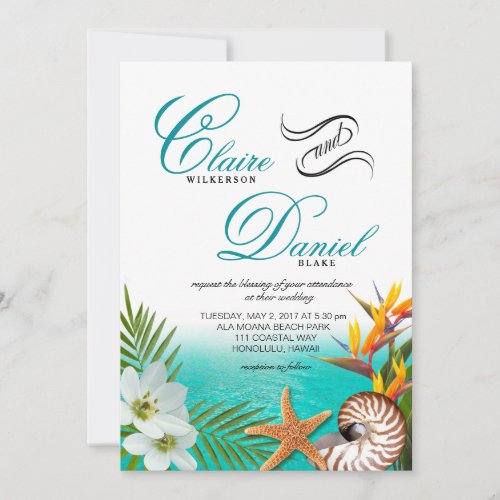 Aloha Beach Wedding Plumeria Frangipani Nautilus Invitation