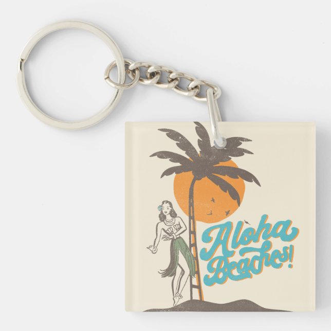 Aloha Beaches Hula Girl Hawaii Hawaiian Retro  Keychain (Front)