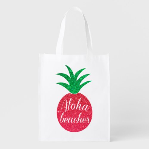 Aloha Beaches Pink Glitter Pineapple Reusable Grocery Bag