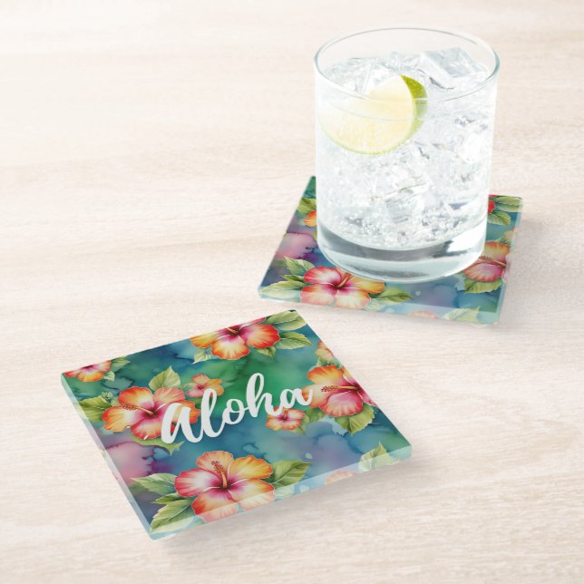 Aloha beautiful hibiscus flower pattern Hawaii  Glass Coaster (Angled)
