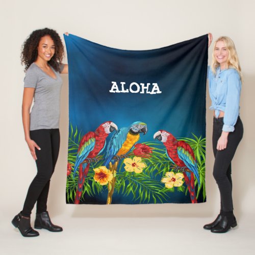Aloha birds parrots blue palm leaves flowers fleece blanket