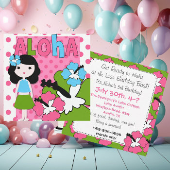 Aloha Birthday (black Hair Girl) Invitation by kids_birthdays at Zazzle