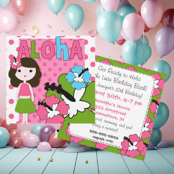 Aloha Birthday (brown Hair Girl) Invitation by kids_birthdays at Zazzle