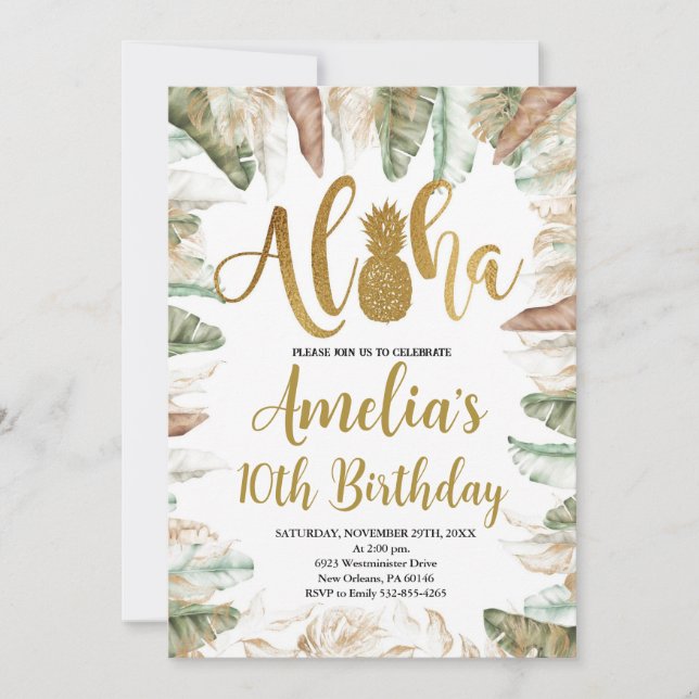 Aloha Birthday, Luau Birthday, Any Age, Tropical Invitation (Front)