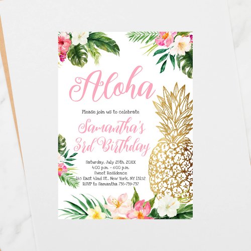 Aloha Birthday Luau Hawaiian Gold Pineapple Invitation