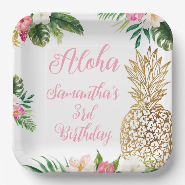 Aloha Birthday Luau Hawaiian Gold Pineapple Paper Plates (Front)