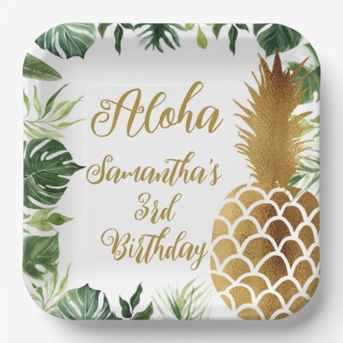 Aloha Birthday Luau Hawaiian Gold Pineapple Paper Plates