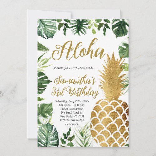 Aloha Birthday Luau Hawaiian Gold Pineapple Party Invitation