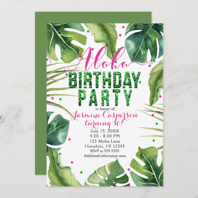 ALOHA BIRTHDAY PARTY Tropical Leaves Pink Green Invitation (Front/Back)