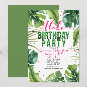 ALOHA BIRTHDAY PARTY Tropical Leaves Pink Green Invitation