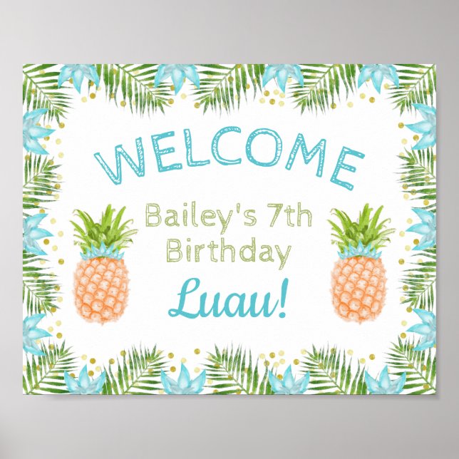 Aloha Birthday Party Welcome Sign Luau Decor Blue (Front)