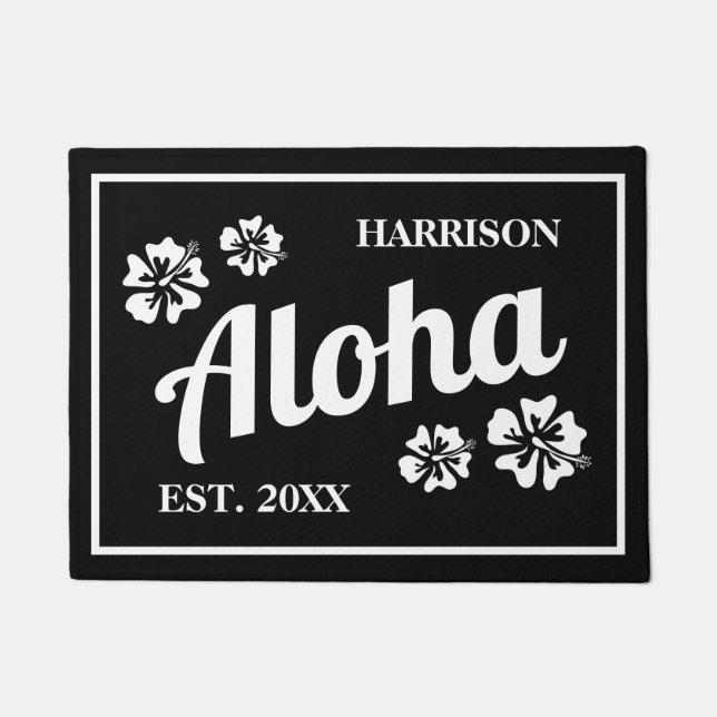 Aloha black and white Hawaiian flower door mat (Front)