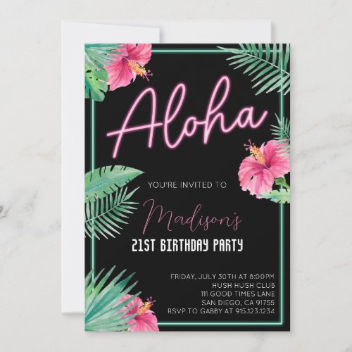 Aloha Black Floral Birthday Party Invitation