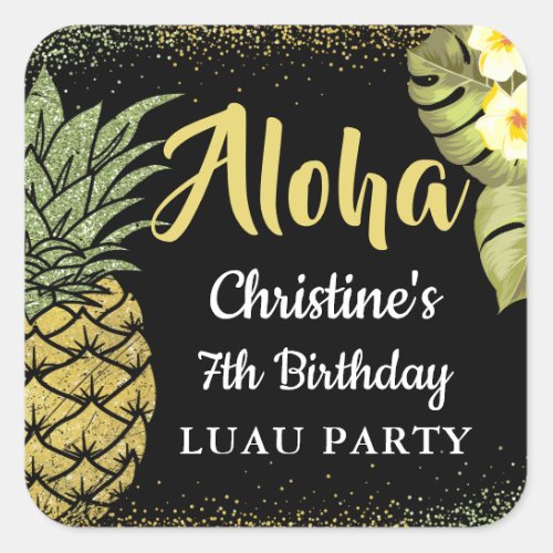Aloha Black Gold Glitter Pineapple Floral Birthday Square Sticker