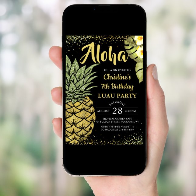 Aloha Black Gold Tropical Pineapple Birthday Invitation (Front Digital)
