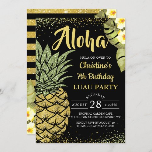 Aloha Black Gold Tropical Pineapple Birthday Invitation