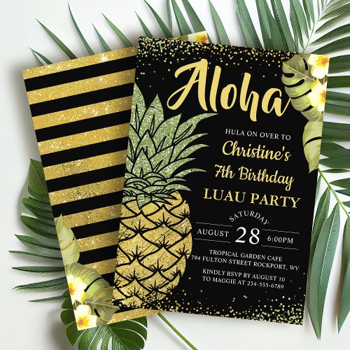 Aloha Black Gold Tropical Pineapple Birthday Invitation