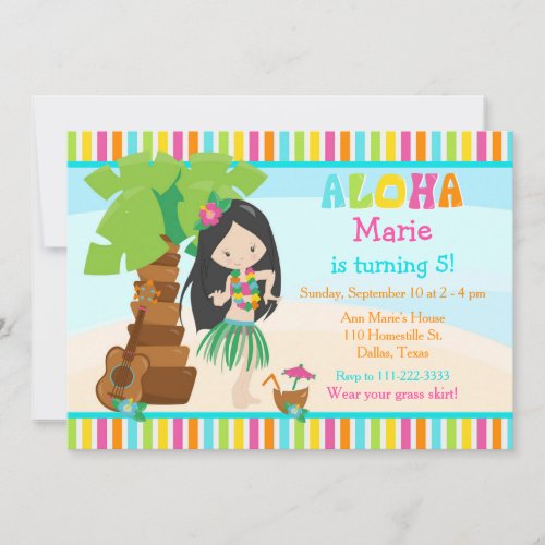 Aloha Black Hair Girl Girl Birthday Party Invitation