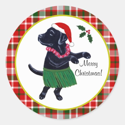 Aloha Black Labrador Christmas Santa Hat Tartan Classic Round Sticker