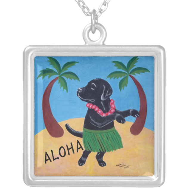 Aloha Black Labrador Silver Plated Necklace (Front)