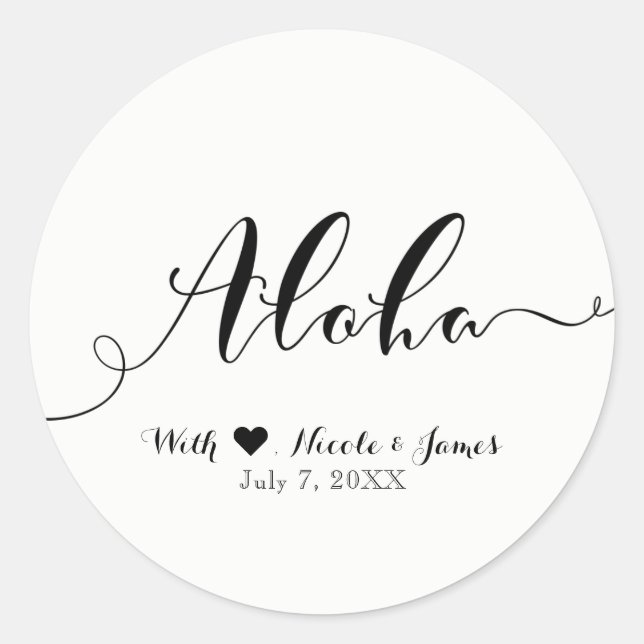 ALOHA Black Script Chic Hawaiian Luau White Favor Classic Round Sticker (Front)
