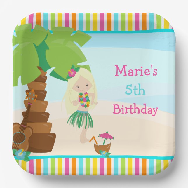 Aloha Blonde Hair Girl Party Paper Plates (Front)