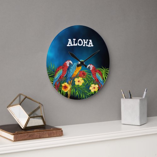 Aloha blue sky parrots birds palm tree summer large clock