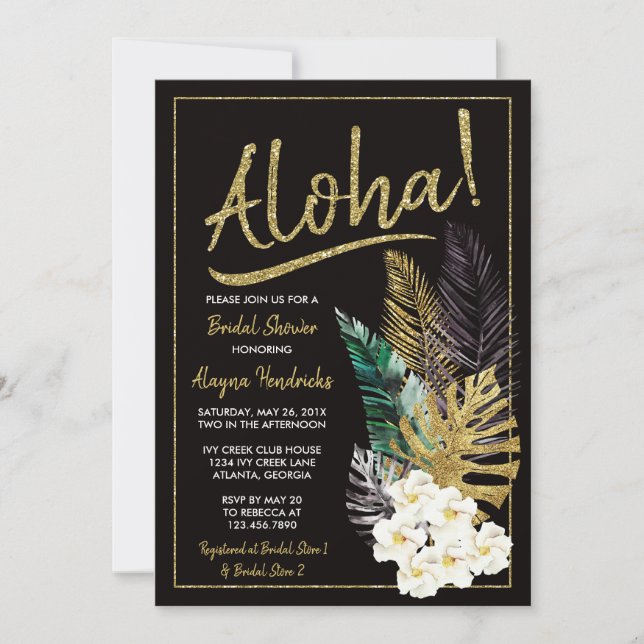 Aloha Bridal Shower Invitation, Faux Gold Invitation (Front)