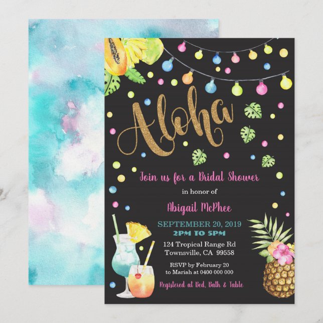 Aloha Bridal Shower Invitation, Hawaiian Luau Invitation (Front/Back)