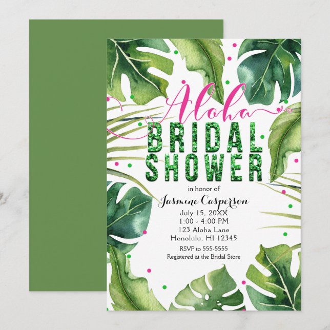 ALOHA BRIDAL SHOWER Tropical Leaves Pink & Green Invitation (Front/Back)