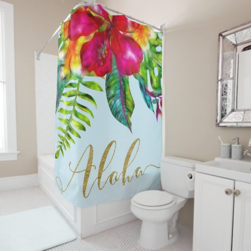 Aloha Bright Electric Pop Tropical Floral Shower Curtain