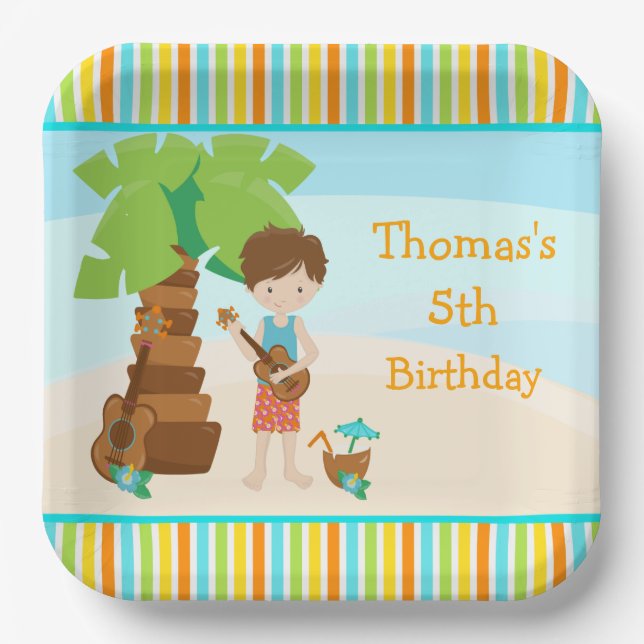 Aloha Brown Hair Boy Party Paper Plates (Front)