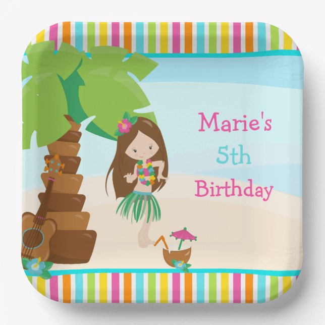 Aloha Brunette Hair Girl Party Paper Plates (Front)