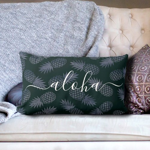 Aloha calligraphy script navy pineapple pattern lumbar pillow