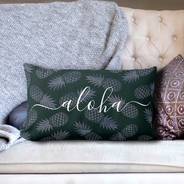 Aloha calligraphy script navy pineapple pattern lumbar pillow (Creator Uploaded)