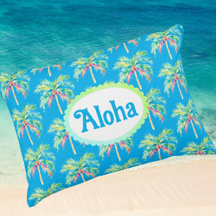 Aloha Caribbean Blue Tropical Palm Tree Accent Pillow